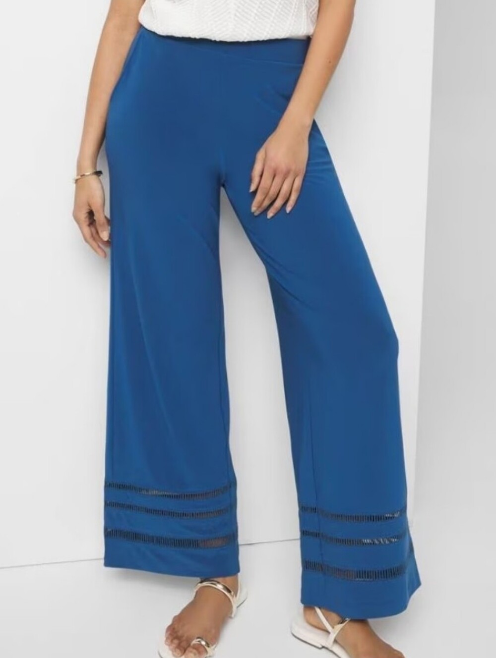 White House Black Market Teal-Blue Wide Leg Pants Pull-on Ladder Trim Pockets S